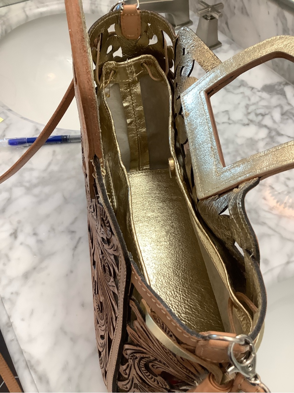 Tan Floral Tooled Leather Crossbody Bag with Tassel Accents - Picture 6 of 11